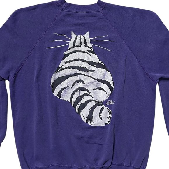90s Vintage Front Back Cat Cartoon Sweatshirt Purple Crewneck Oldland Comic. - Picture 4 of 7